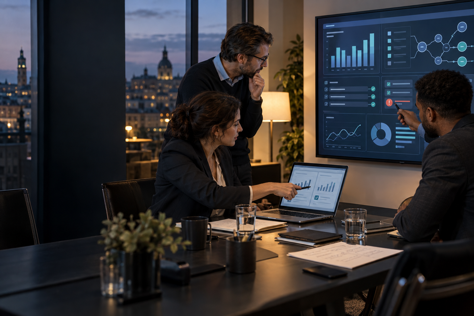 Fotografía editorial generada con IA de un equipo revisando fuentes, discrepancias y aprobación de un dashboard empresarial