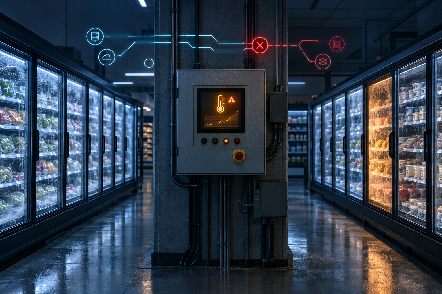 Ilustración editorial original de un sistema de control de refrigeración que alerta de una subida de temperatura en un pasillo de supermercado