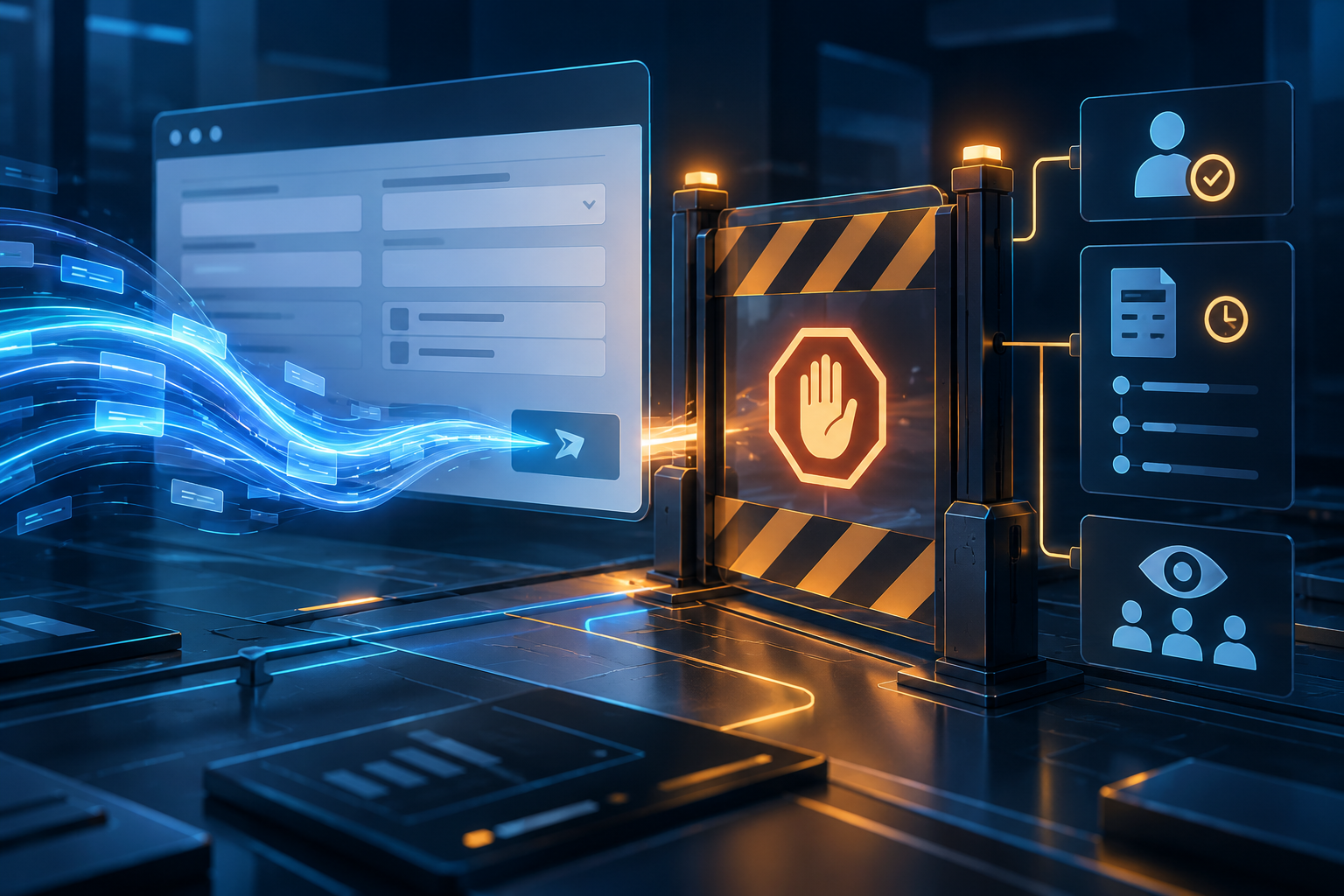 Ilustración editorial original de un flujo de inteligencia artificial detenido ante una barrera de confirmación antes de enviar un formulario