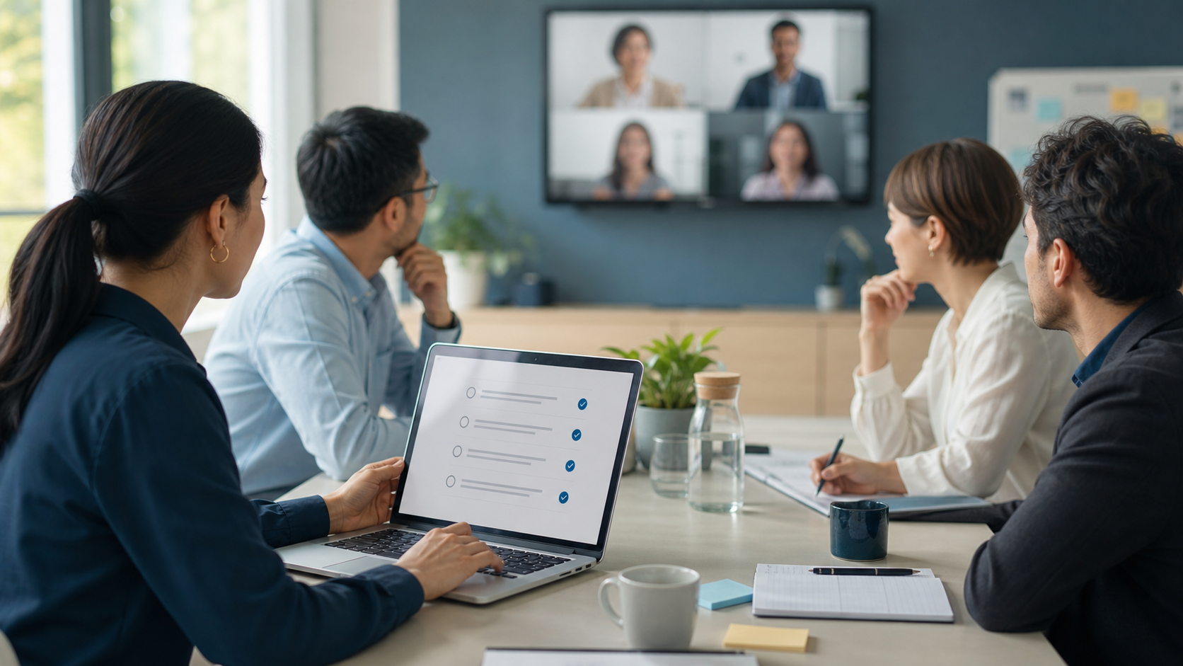 Equipo de empresa revisando el consentimiento para notas de reunión asistidas por inteligencia artificial