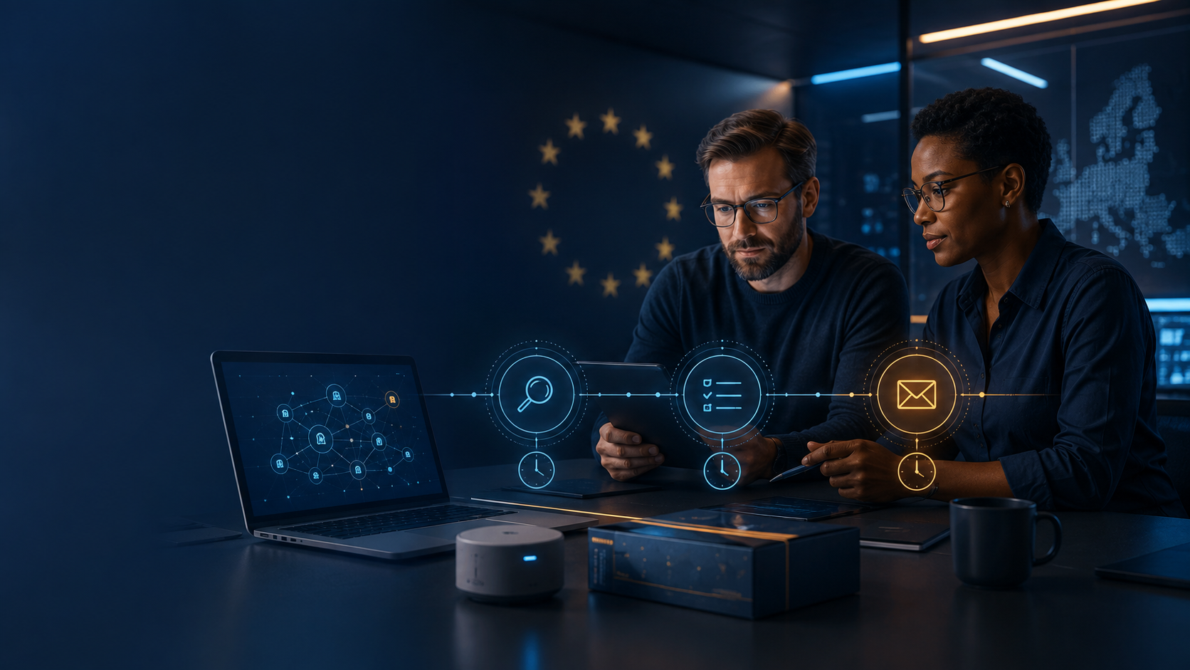 Ilustración generada con IA de un equipo preparando un flujo europeo de notificación de vulnerabilidades