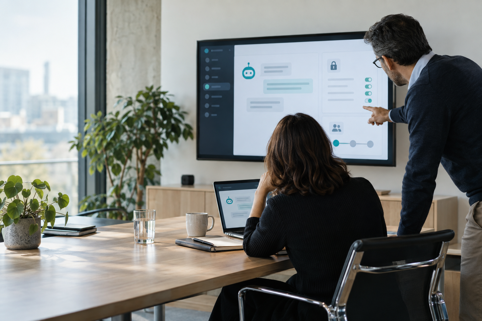 Fotografía editorial generada con IA de un equipo revisando permisos y respuestas privadas antes de desplegar un asistente en el chat corporativo