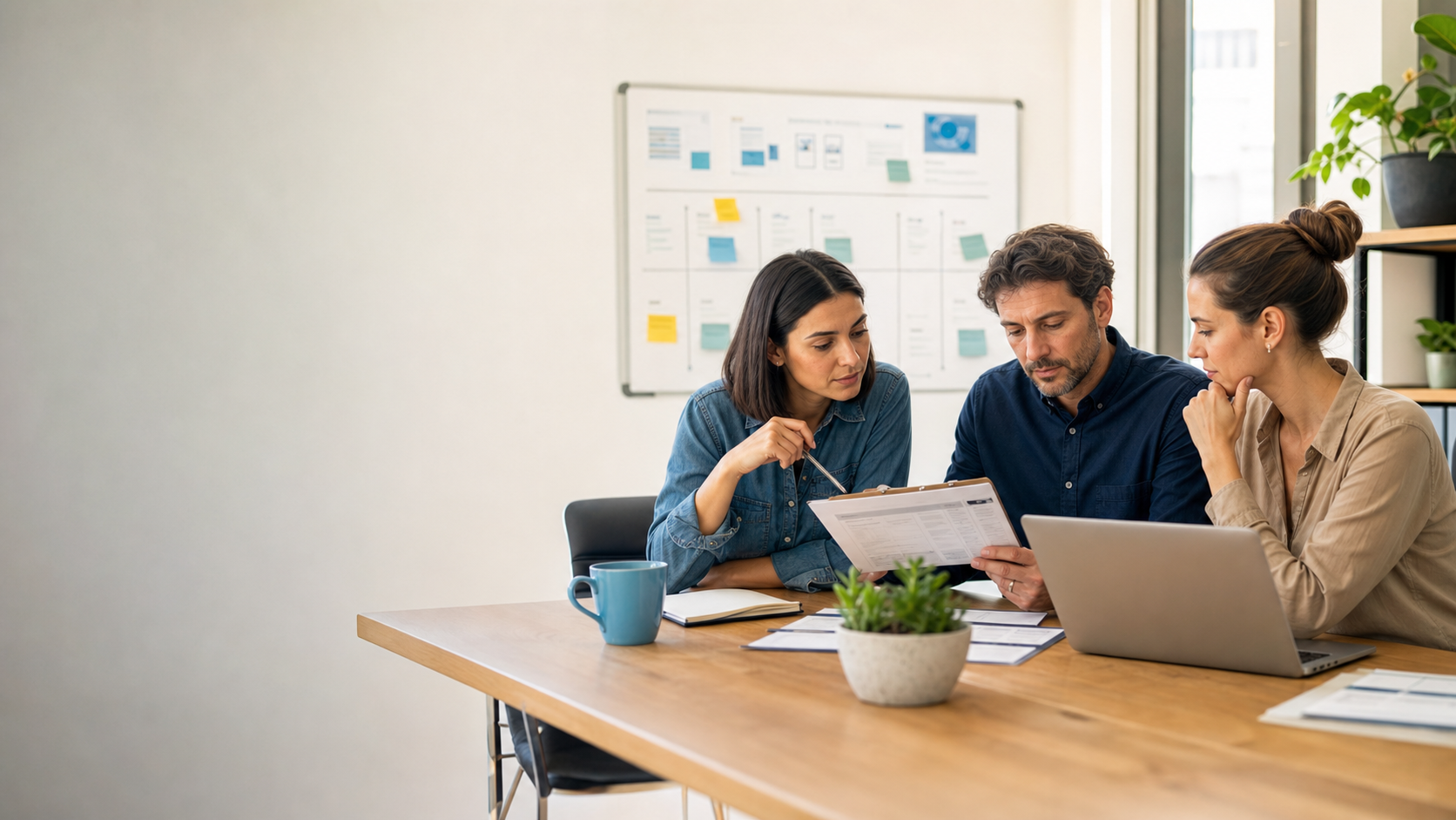 Equipo de una pyme revisando un flujo de trabajo y documentación antes de delegar una tarea con IA