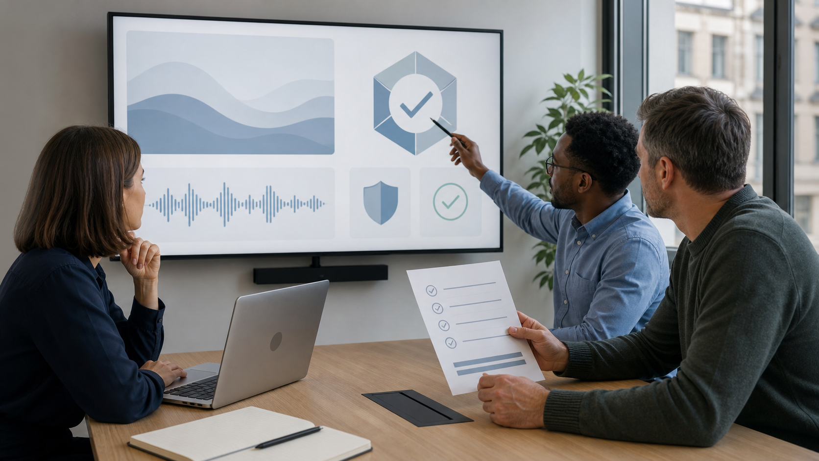 Equipo revisando una lista de control y señales de transparencia para contenido de audio y vídeo generado con inteligencia artificial