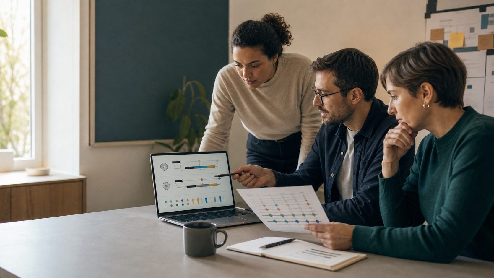 Equipo comparando tiempos, calidad y correcciones de un proceso realizado con y sin inteligencia artificial