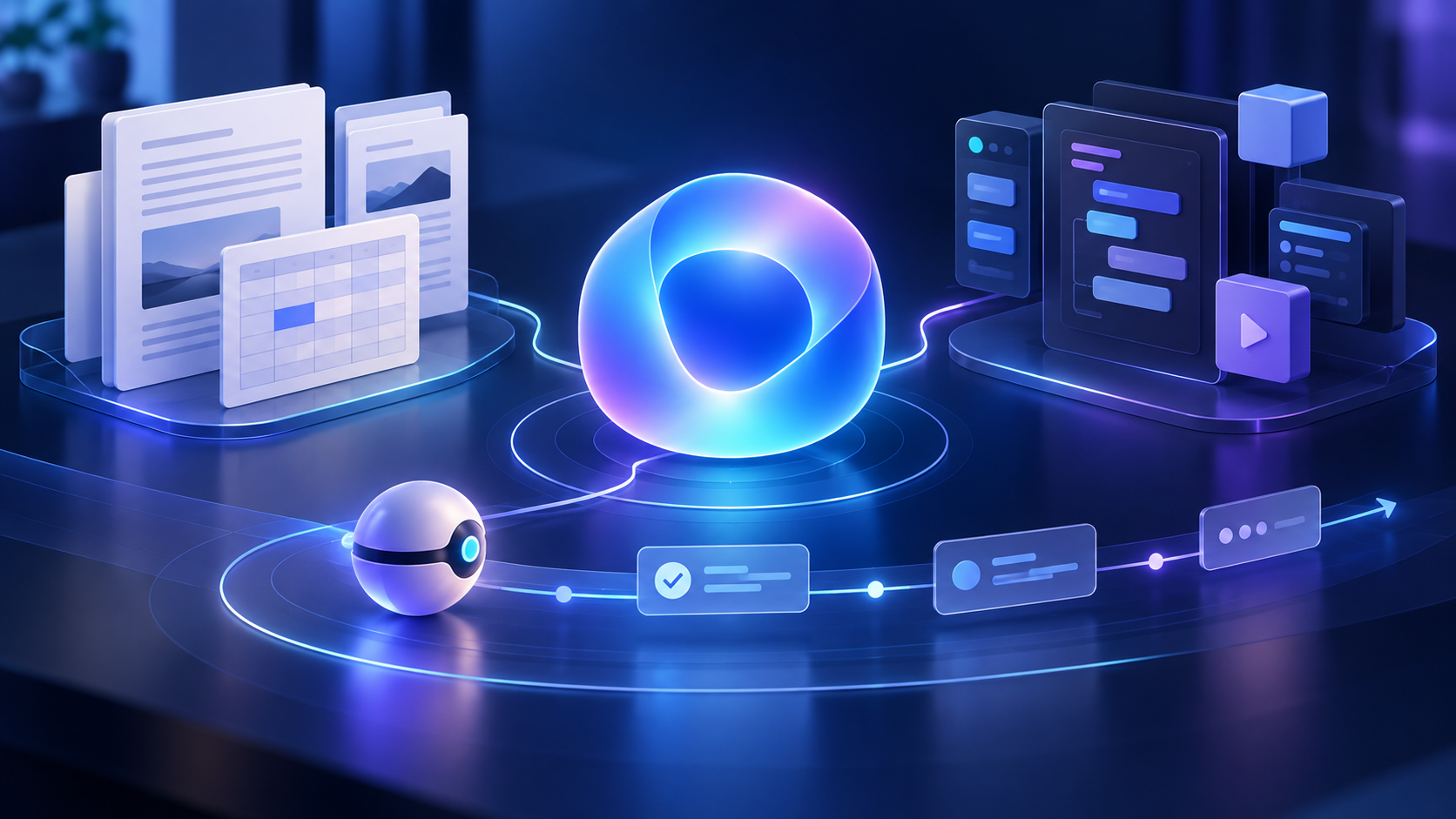 Ilustración editorial original de un espacio digital que conecta documentos, bloques de aplicaciones y una tarea autónoma