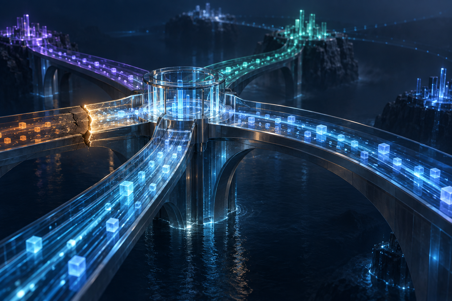 Ilustración editorial original de un puente digital entre varias redes que vuelve a cerrar su circuito tras una brecha