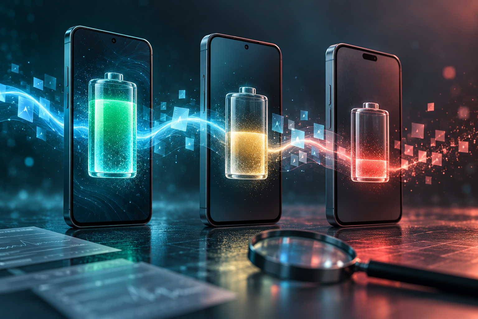 Ilustración editorial original de tres teléfonos genéricos bajo análisis mientras sus indicadores abstractos de batería pierden carga tras una actualización