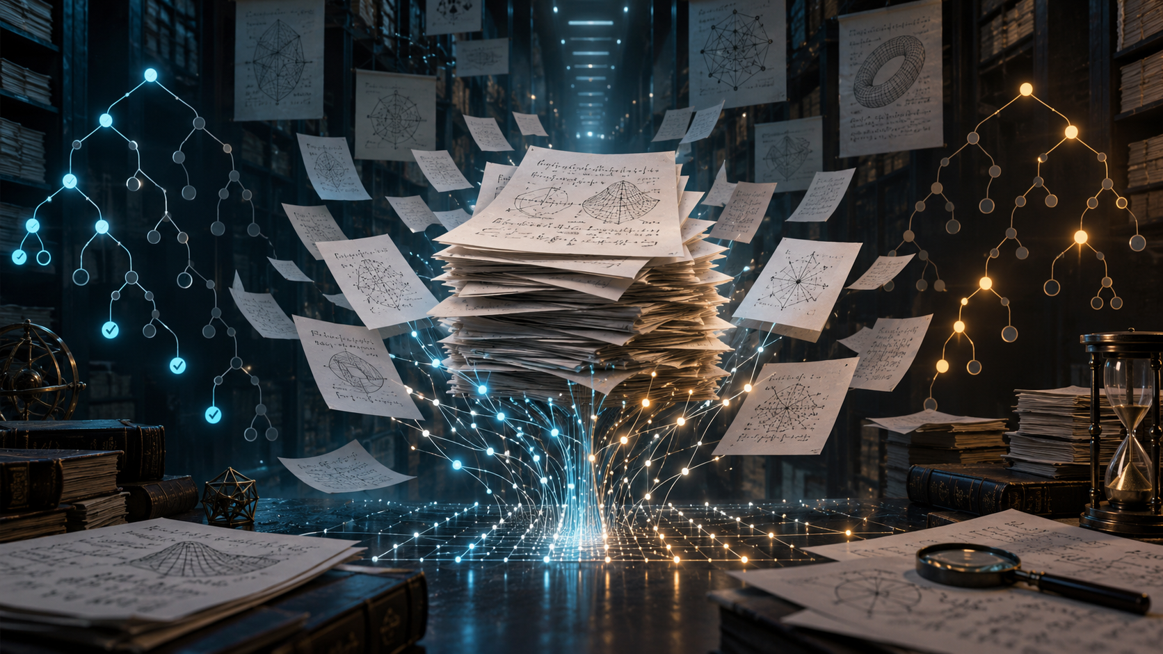 Portada editorial original con cientos de manuscritos matemáticos conectados a un sistema de verificación luminoso