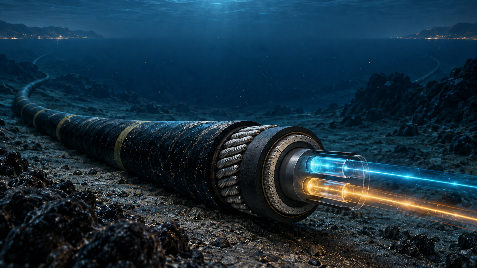 Ilustración editorial original de un cable submarino de fibra óptica con dos núcleos luminosos bajo el Atlántico