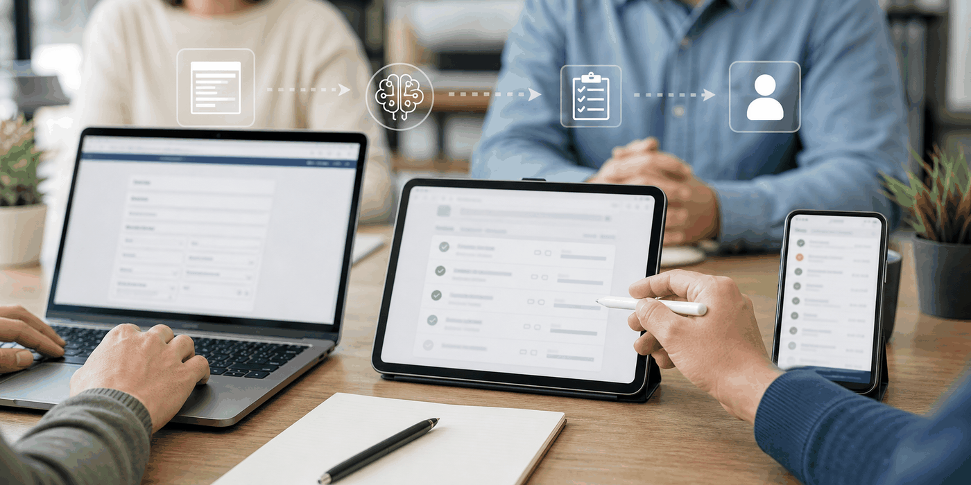 Fotografia editorial propia de una automatizacion con IA, validacion y revision humana