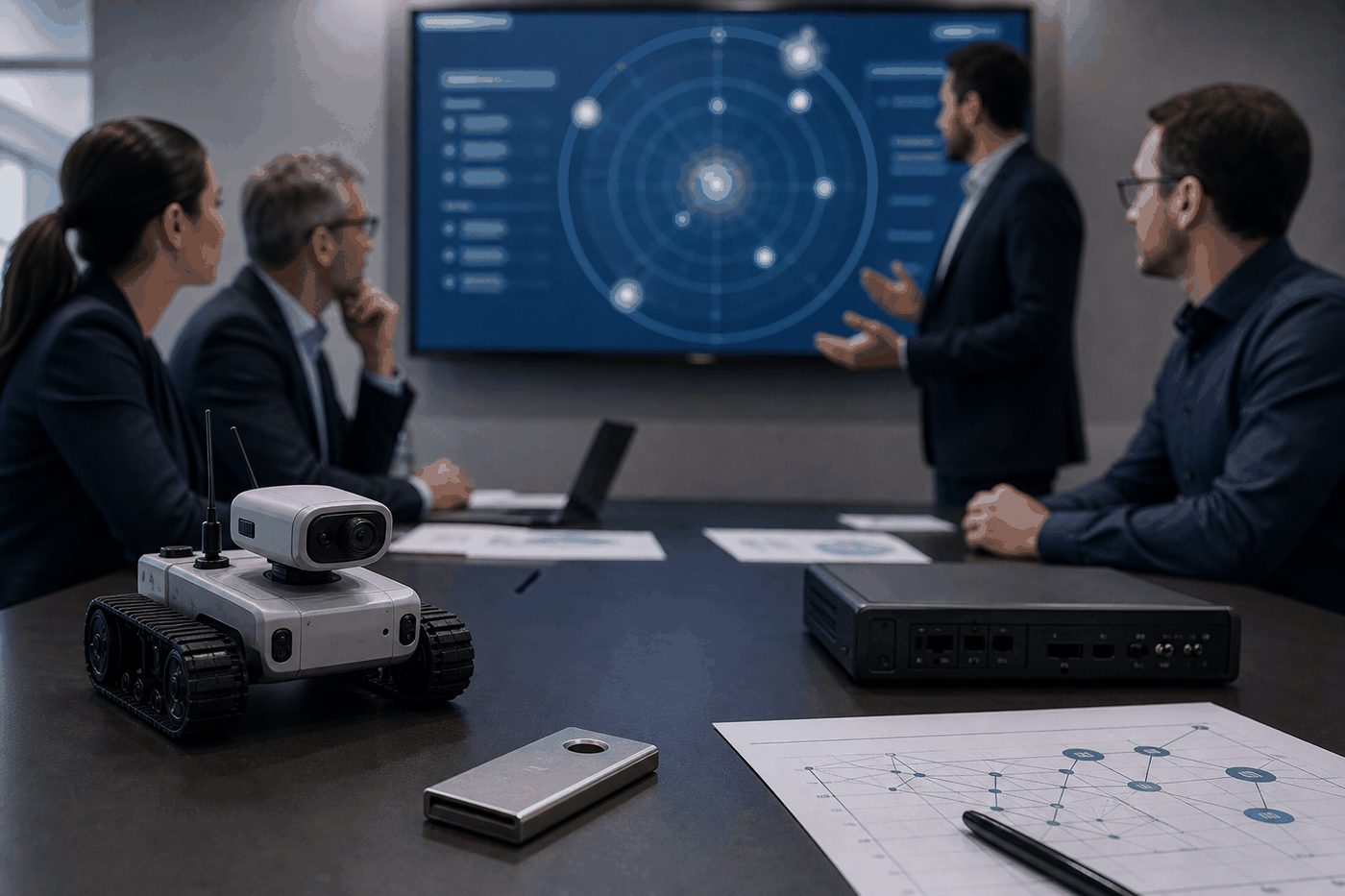 Fotografia editorial propia de un radar tecnologico con robots, ciberseguridad y cifrado postcuantico
