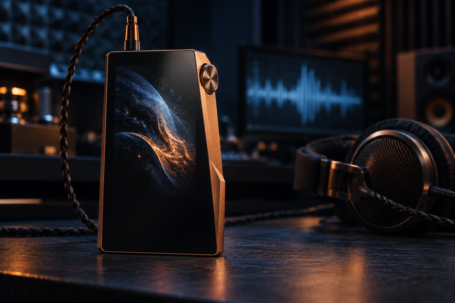 Ilustración editorial original de un reproductor de audio portátil genérico con acabado de cobre junto a unos auriculares