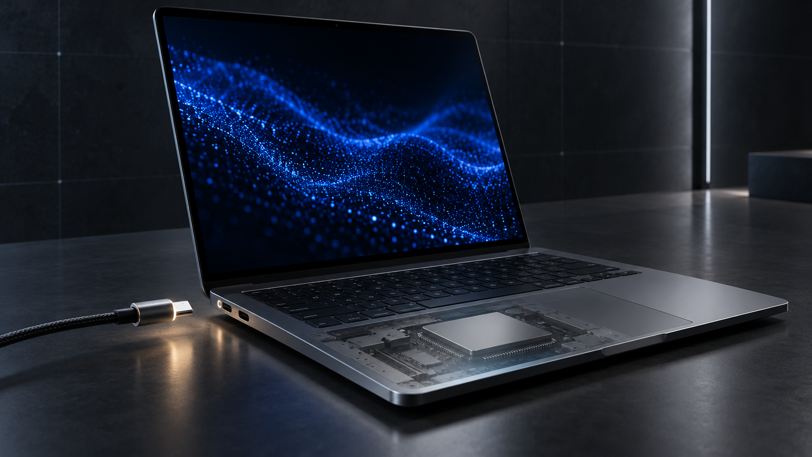 Portada editorial original de un portátil profesional con un chip visible y un conector USB-C magnético