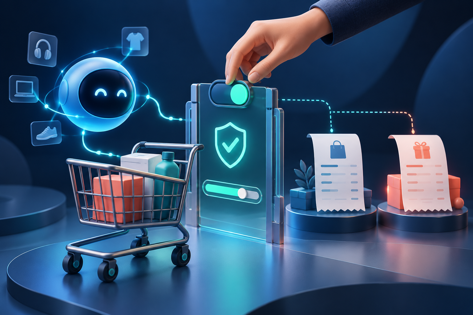Ilustración editorial original de un agente de inteligencia artificial, un carrito de compra y una mano que activa un control de permiso entre dos recibos separados