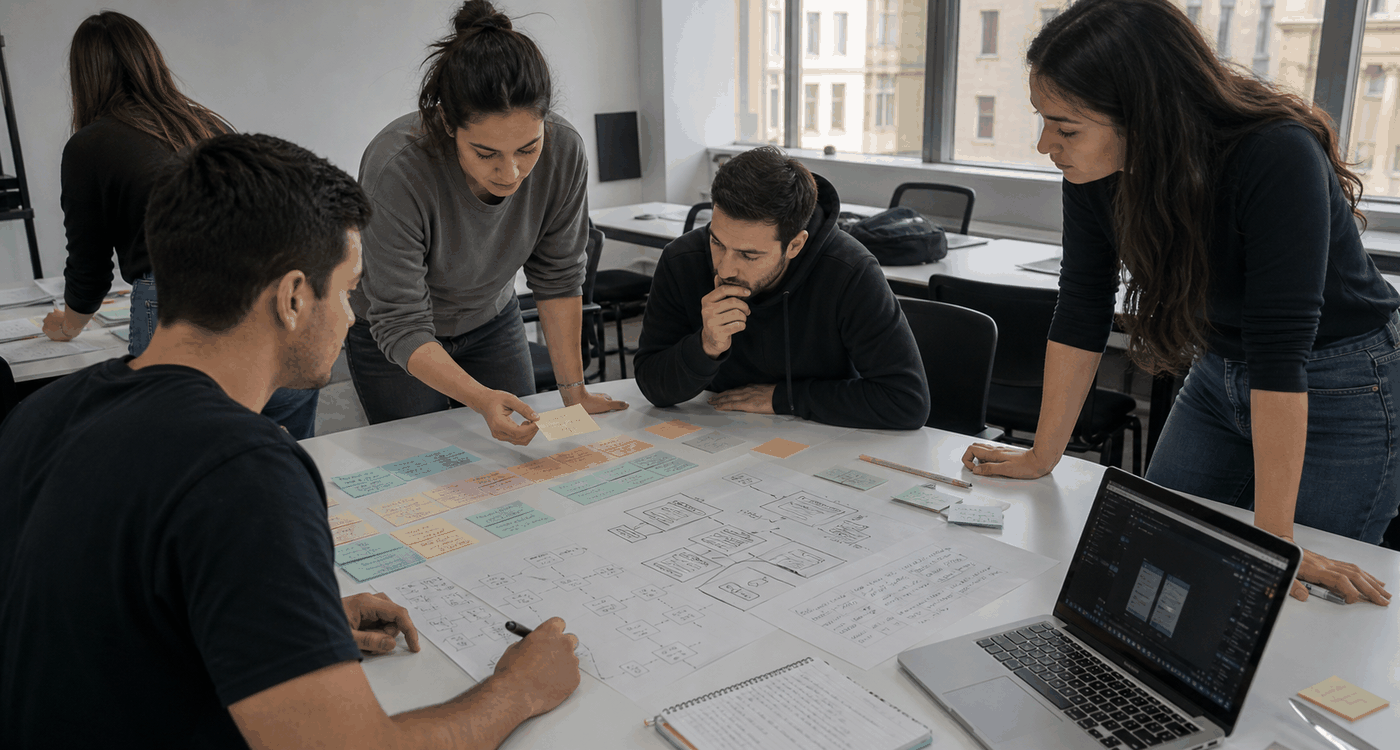Fotografia de alumnos organizando un proyecto de automatizacion con IA, pruebas y riesgos